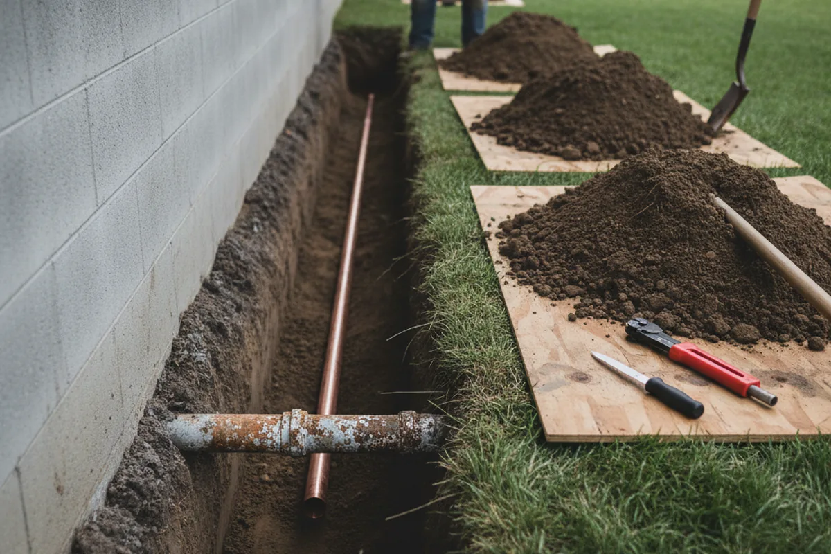 Excavated water line trench during Water Heater Repair in Bishopville
